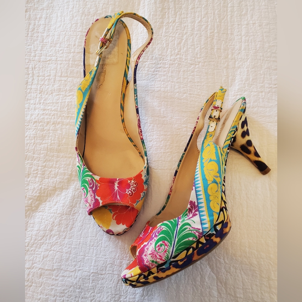 Floral Colorful Leopard Mixed Print Slingback Peeptoe Heels